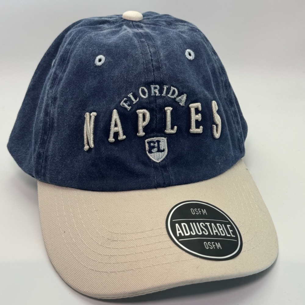 Naples Florida Baseball Cap – A+I Adjustable Hat – Blue & Tan 100% Cotton